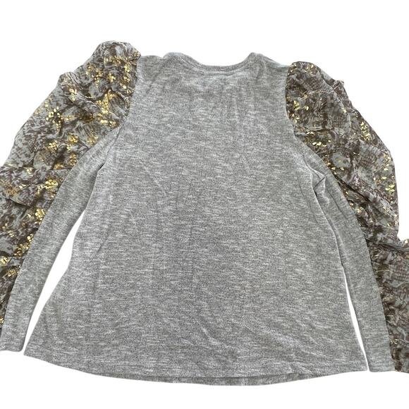 THML Top Womens Small Gray Ruched Sheer Gold Long Sleeve Pullover Top - Picture 2 of 8